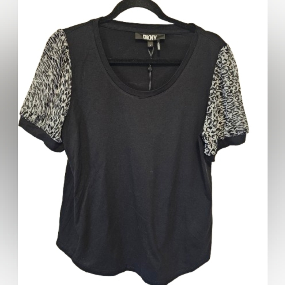 DKNY Black Tee with Marled Patterned Sheer Short Sleeves size Medium NWT